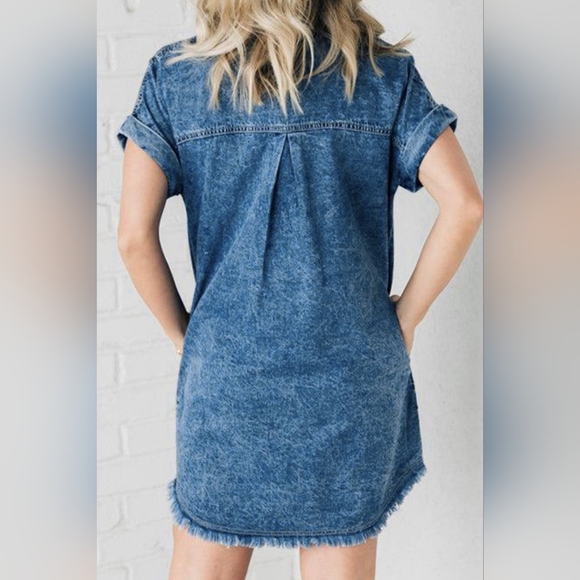 Distressed Denim Short Sleeve Button Front Pocket Jean Cotton Mini Shirt Dress - Picture 2 of 13
